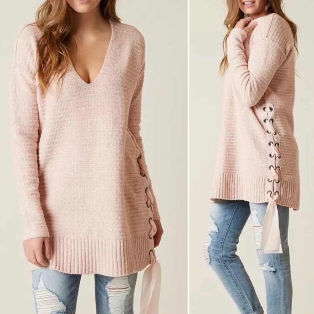 Free People | Oversized Boho Pink Blush Sweater Dress Ribbon Lace Up Sides Small
